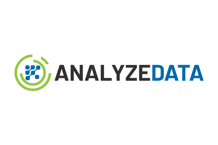 Analyzedata data analysis software logo. Black and navy text with green and navy logo on white background.