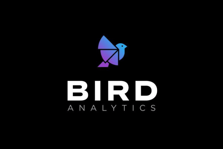 Logo for Bird Analytics, who provide data analysis tools. White text and blue bird image on black background