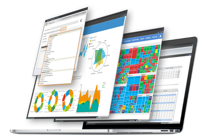 Board dashboard examples superimposed over silver laptop on white background.