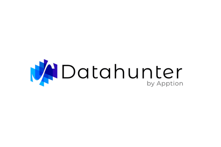 Datahunter logo - black text with blue logo on white background. 