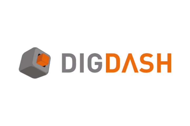 DigDash logo - gray and orange text on white background with gray and orange square logo