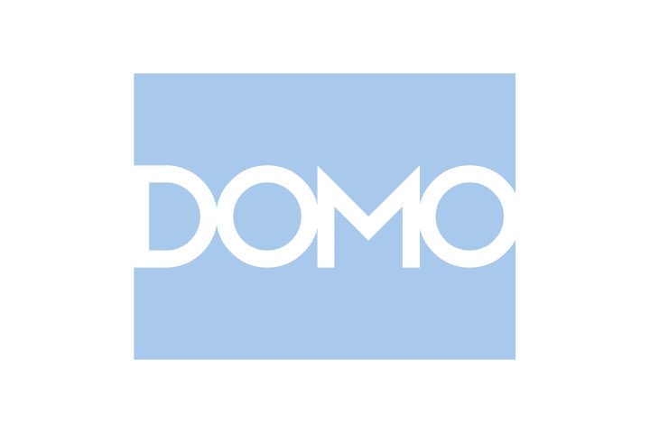 Domo logo, white text on pale blue background. 