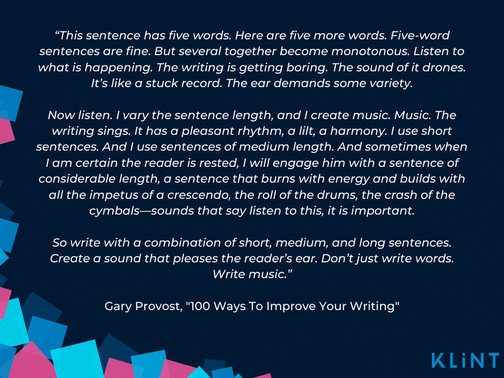 Gary Provost's "Write Music" content writing quote, depicted on dark blue Klint Marketing graphic.