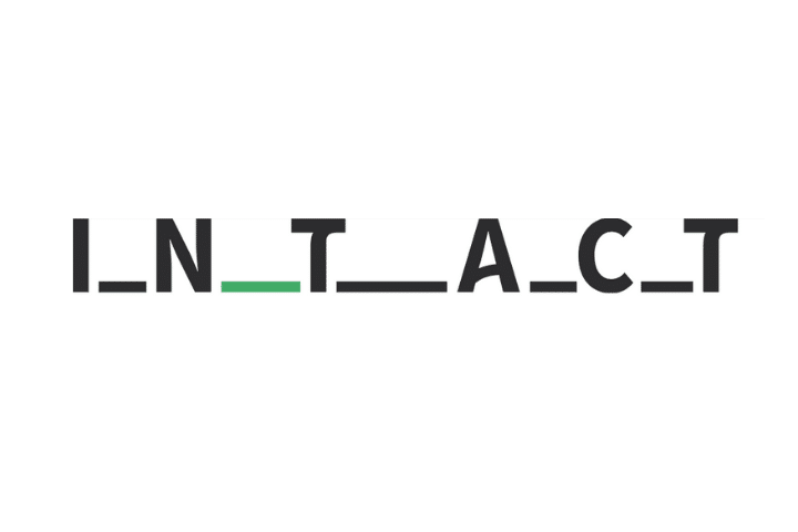 Intact's logo: black and green text on white background with underscores between each letter. 