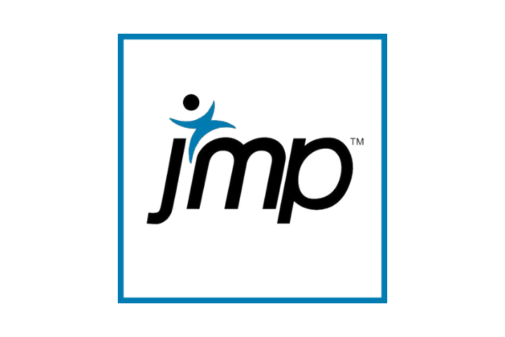 JMP logo, black text on white background framed with navy square
