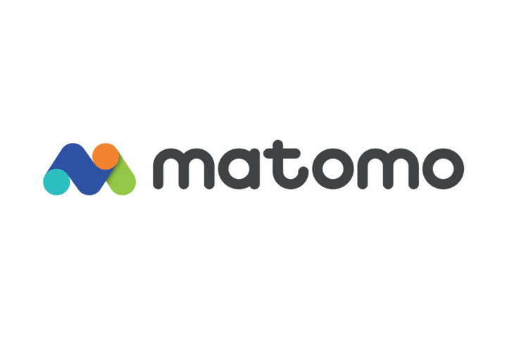 Matomo's blue, orange, and green m shaped logo next to black matomo text on white background.