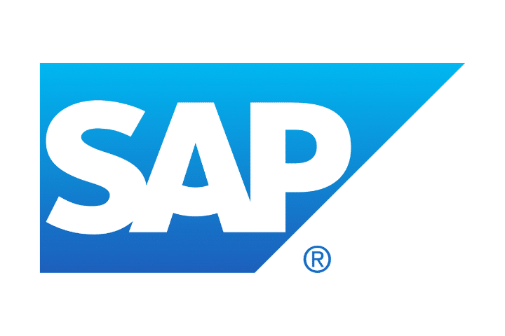 SAP's white logo on a blue and white background. 