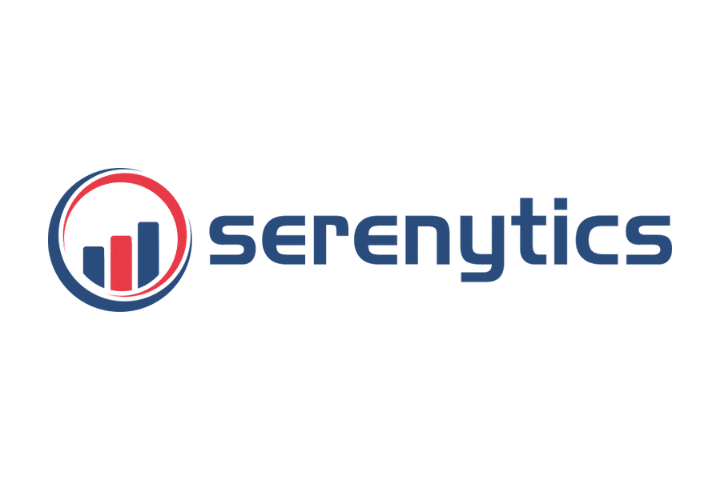 Serenytics navy text next to red and navy serenytics logo