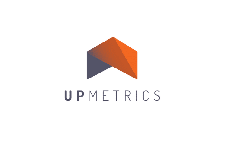 UpMetrics grey sign with an orange arrow on the top as a logo