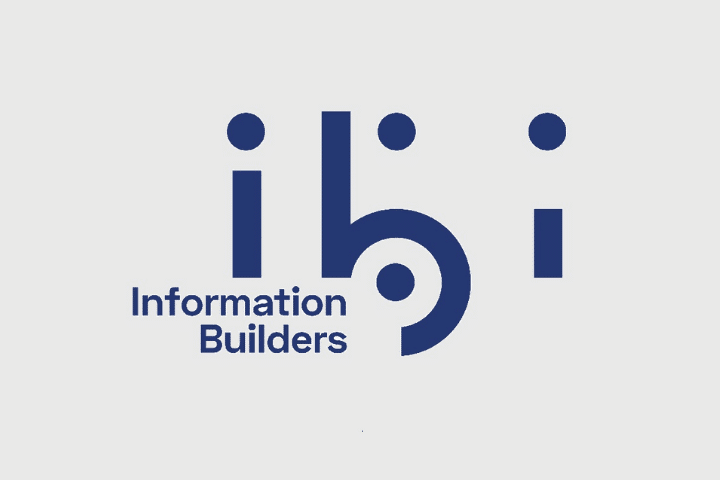 Navy ibi information builders text on gray background.