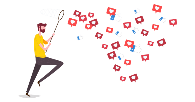 Infographic of a person collecting likes with a net.