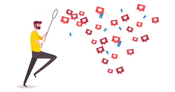 Infographic of a person collecting likes with a net. 