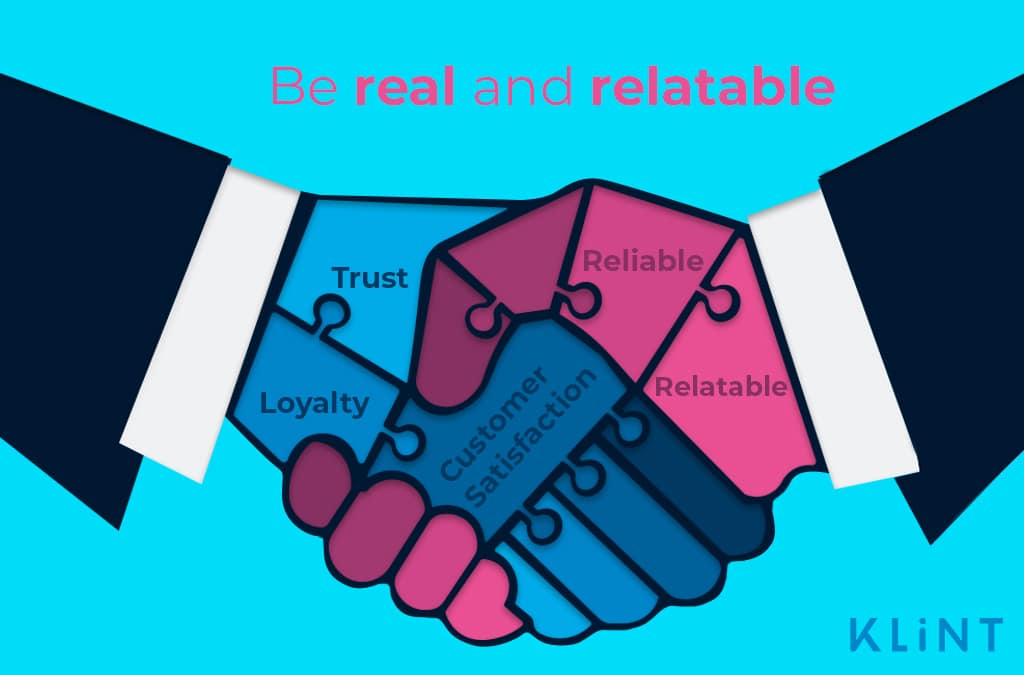 infographic of two cartoon hands shaking hands. Each hand is made up of puzzle pieces labelled with a word related to customer satisfaction