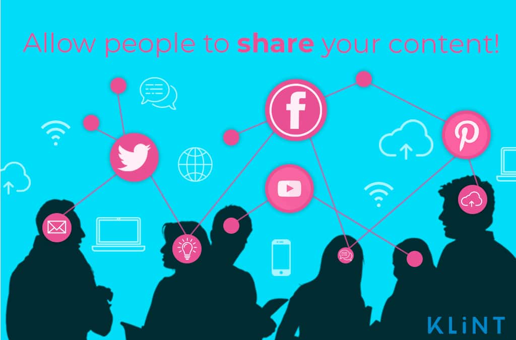 silhouettes of people connected by a network of social media icons. Text overlaid: "allow people to share your content!"