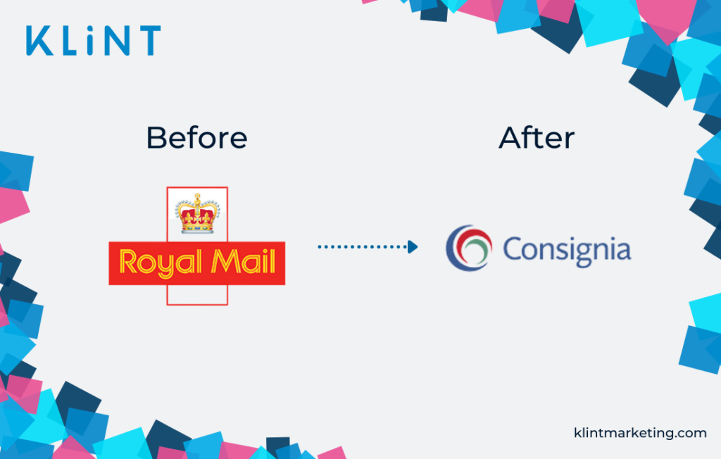 Royal Mail to Consignia rebranding logo before and after.