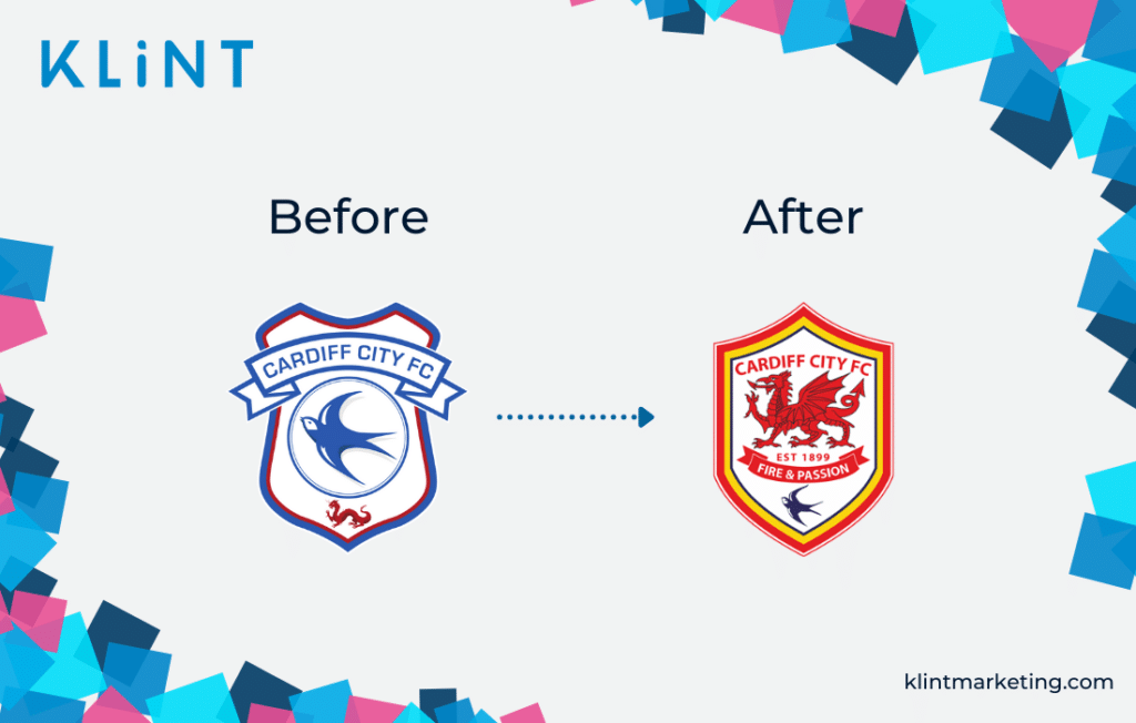 Cardiff City FC rebranding logo before and after.