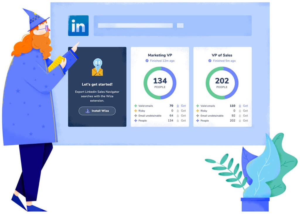 The picture shows a wizard pointing to a LinkedIn logo with different statistics below and "Install Wiza" option.