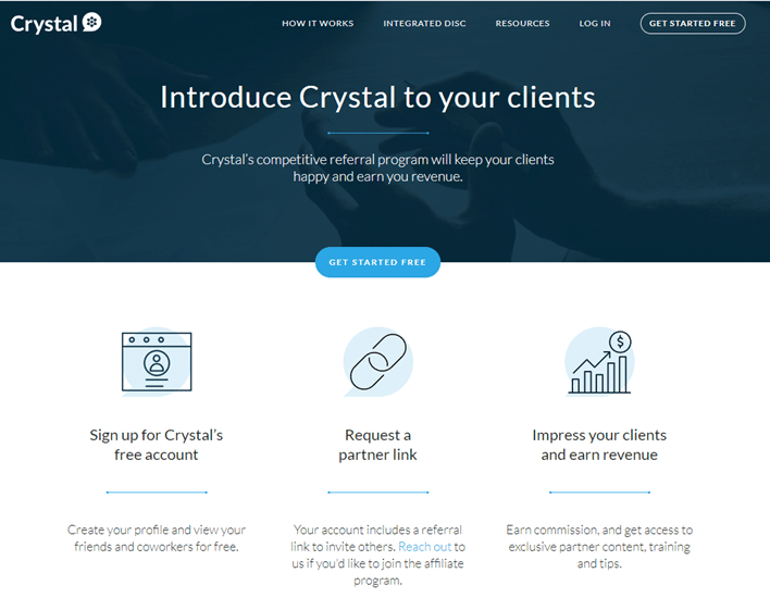 The picture is a screenshot of Crystal website showing its different features and the option of "Get started free".