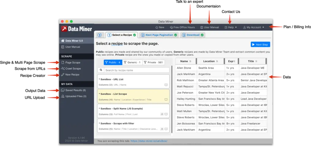 The picture shows Data Miner dashboard with different features.