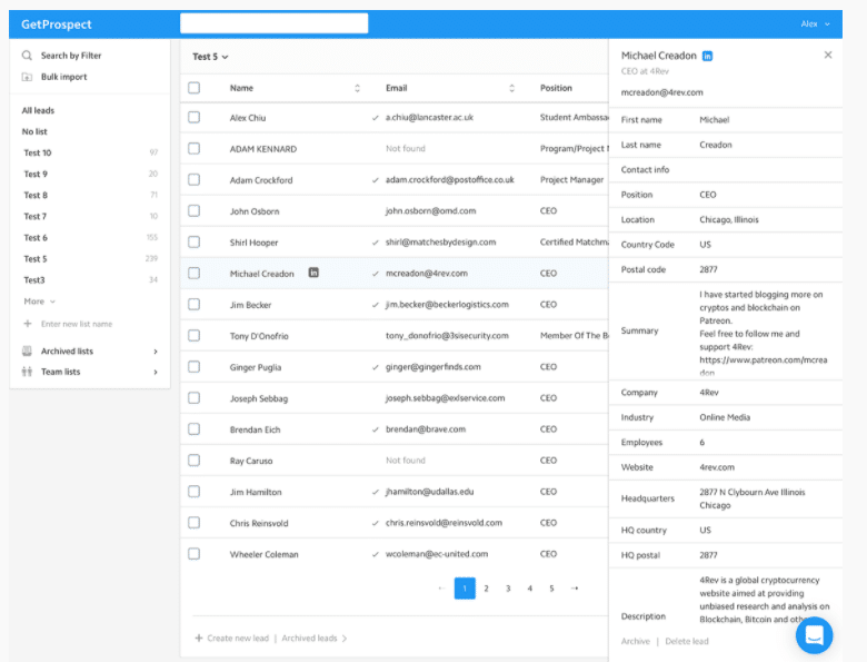 The picture showcases Get Prospect's dashboard for a test in all leads tab.