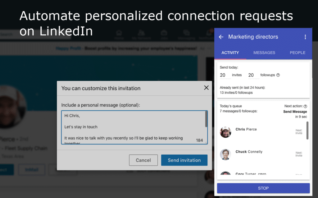 The picture shows In Touch Tool's example for automating personalized connection requests on LinkedIn.
