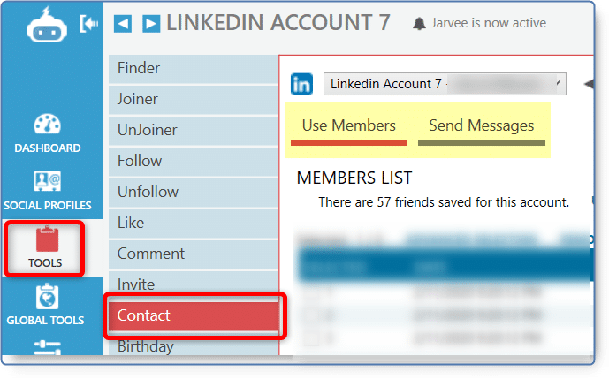 Picture shows Jarvee dashboard for a LinkedIn account.