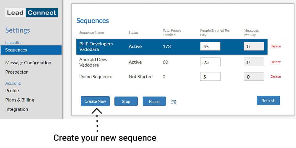 The picture shows Lead Connect's dashboard for creating new squence.