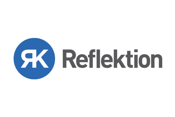 Reflektion logo, black text, blue logo on white background