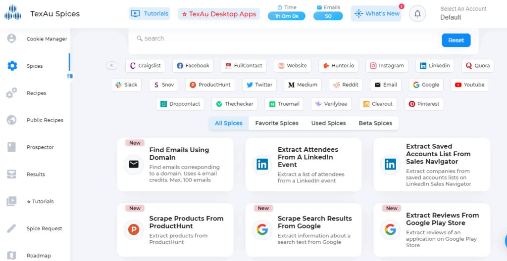 The picture shows TexAu Spices' dashboard with the tab spices open.