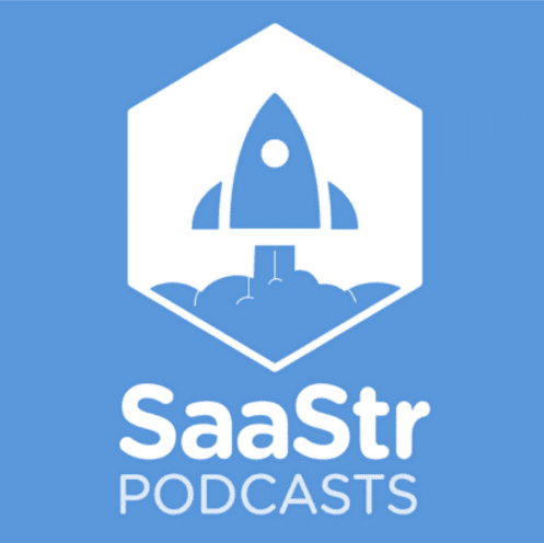 The animated picture shows a rocket taking off with the text "SaaStr Podcasts" on a blue background.