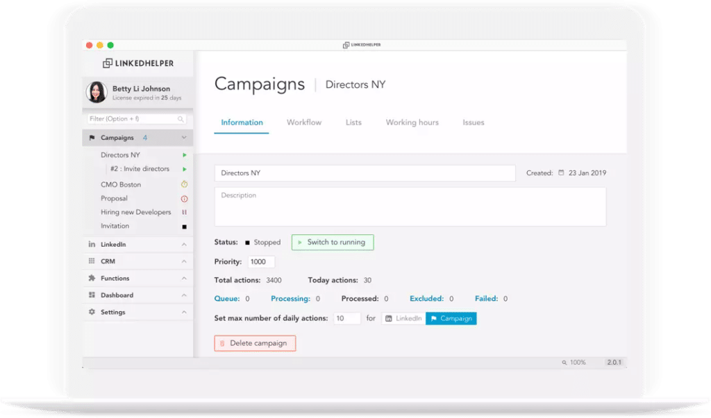 A picture showing Campaigns tab on the Linked helper dashboard.