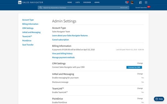 The picture shows the LinkedIn Sales Navigator's tab for Admin Settings.