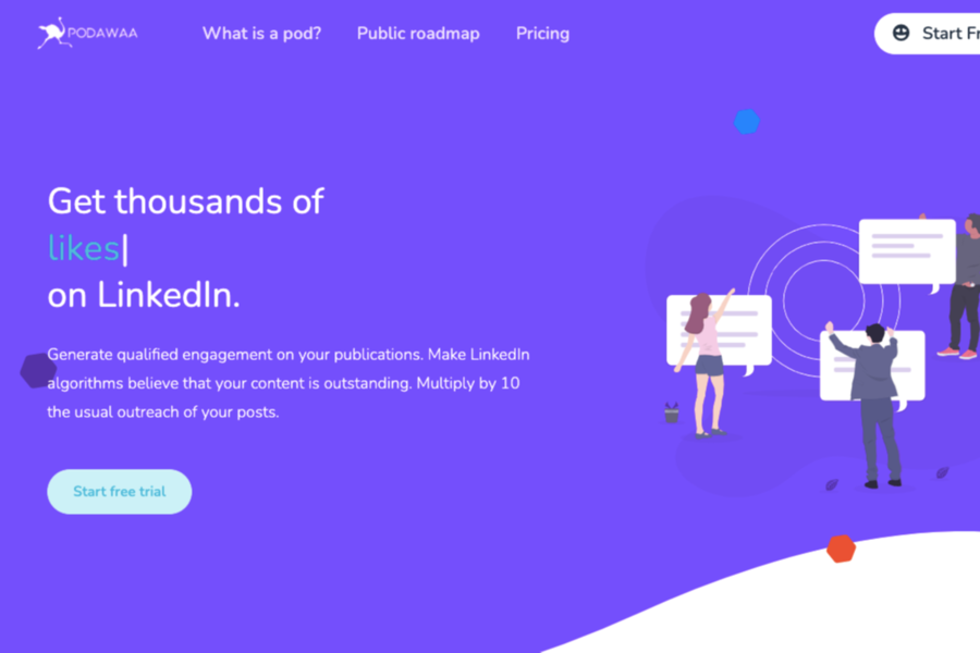 The picture is a screenshot of the Podawaa website showing "start free trial" option.