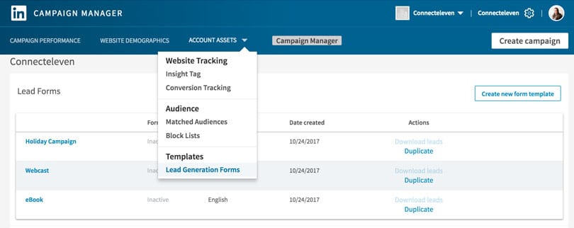 The picture shows the dashboard for the LinkedIn Lead Gen Forms with the tab Campaign Manager open.