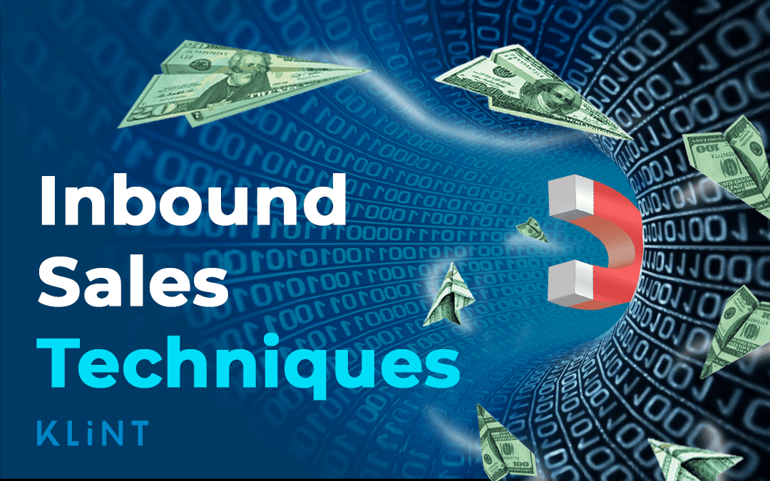 Graphic representation of inbound sales. Paper planes made out of dollar bills fly down a tunnel towards a magnet. Text overlaid: "inbound sales techniques"