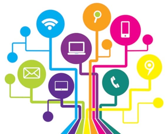 Stock image of different technology devices connected as a network