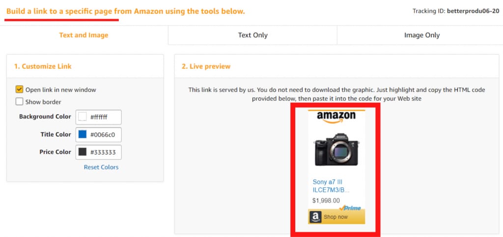 Screenshot of Amazon page, showing ad customization options.