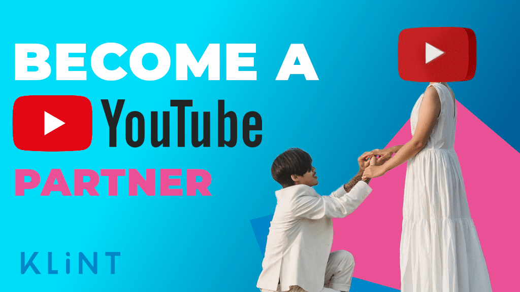 man kneels and proposes to a woman whose head is replaced by the YouTube logo. Text overlaid: "Become a YouTube partner"