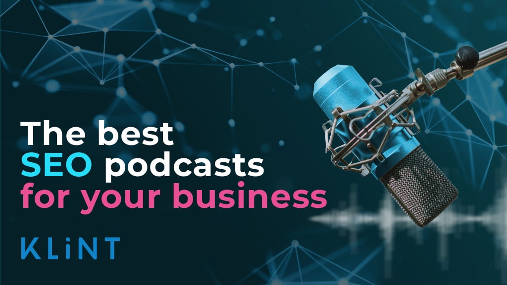 Microphone in front of a background of sound waves. Text overlaid: "the best seo podcasts for your business"