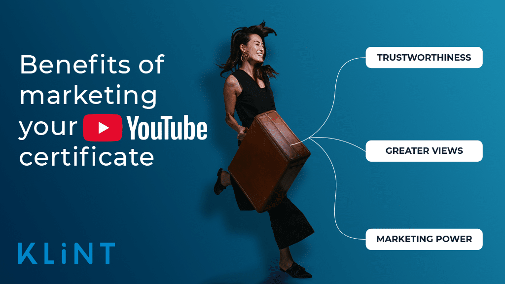 Smiling woman runs forwards the camera. Text overlaid: "benefits of marketing your YouTube certificate"