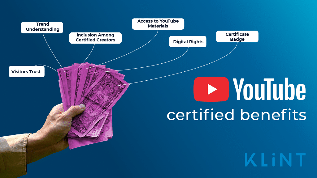 a hand holds a large stack of money. Text overlaid: "YouTube certified benefits"