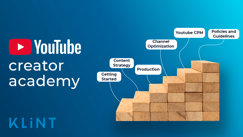 wooden blocks are arranged in the shape of a staircase. Text overlaid: "YouTube creator academy"