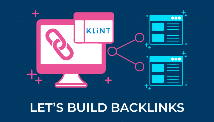 A visual representation of linkbuilding with lines connecting different websites to each other. Text overlaid: "let's build backlinks"