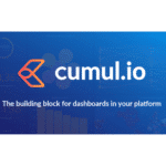 A picture of cumul.io's logo with white text on blue background.