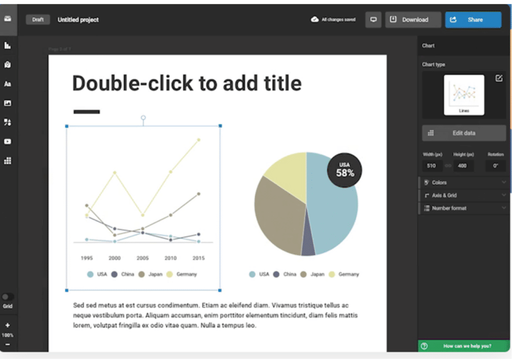 A picture of Infogram's dashboard showing graphs and pie charts.