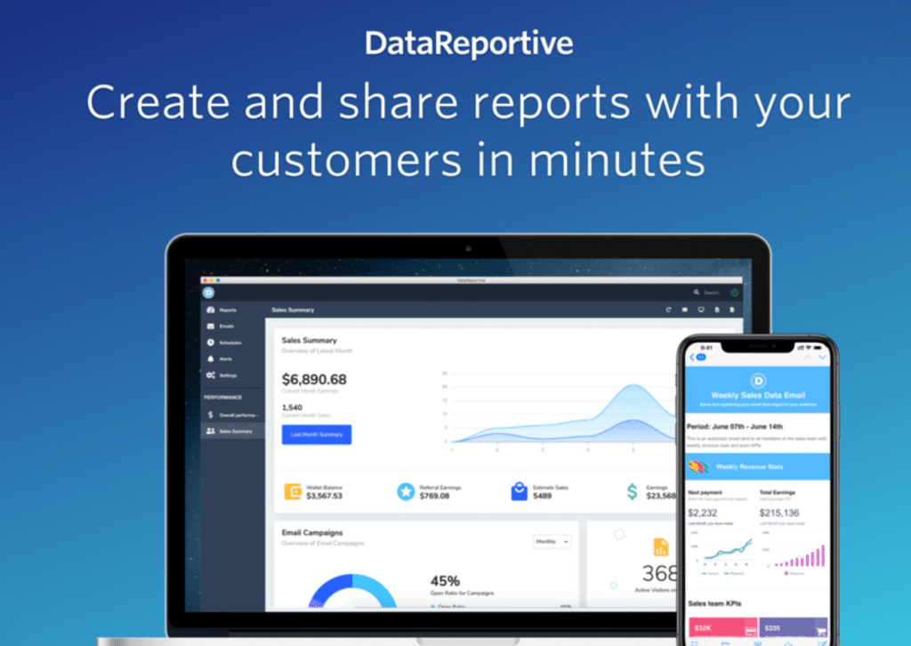 A picture of DataReportive's dashboard on a computer screen as well as a mobile screen.