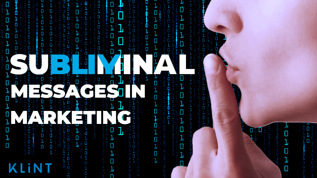 finger touching lips in the "ssshh" motion, data streams in background. Text overliad: "Subliminal Messages in Marketing"